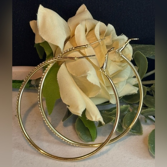 Stunning Thin Gold Tone Crystal 2.25 inch Hoops made with Swarovski Crystals - Picture 3 of 6
